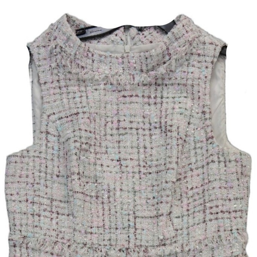 NEW Eliza J Tweed Shift Dress Women's Size 14 Pink Blue Fringe Pearl Mock Neck - Picture 3 of 12